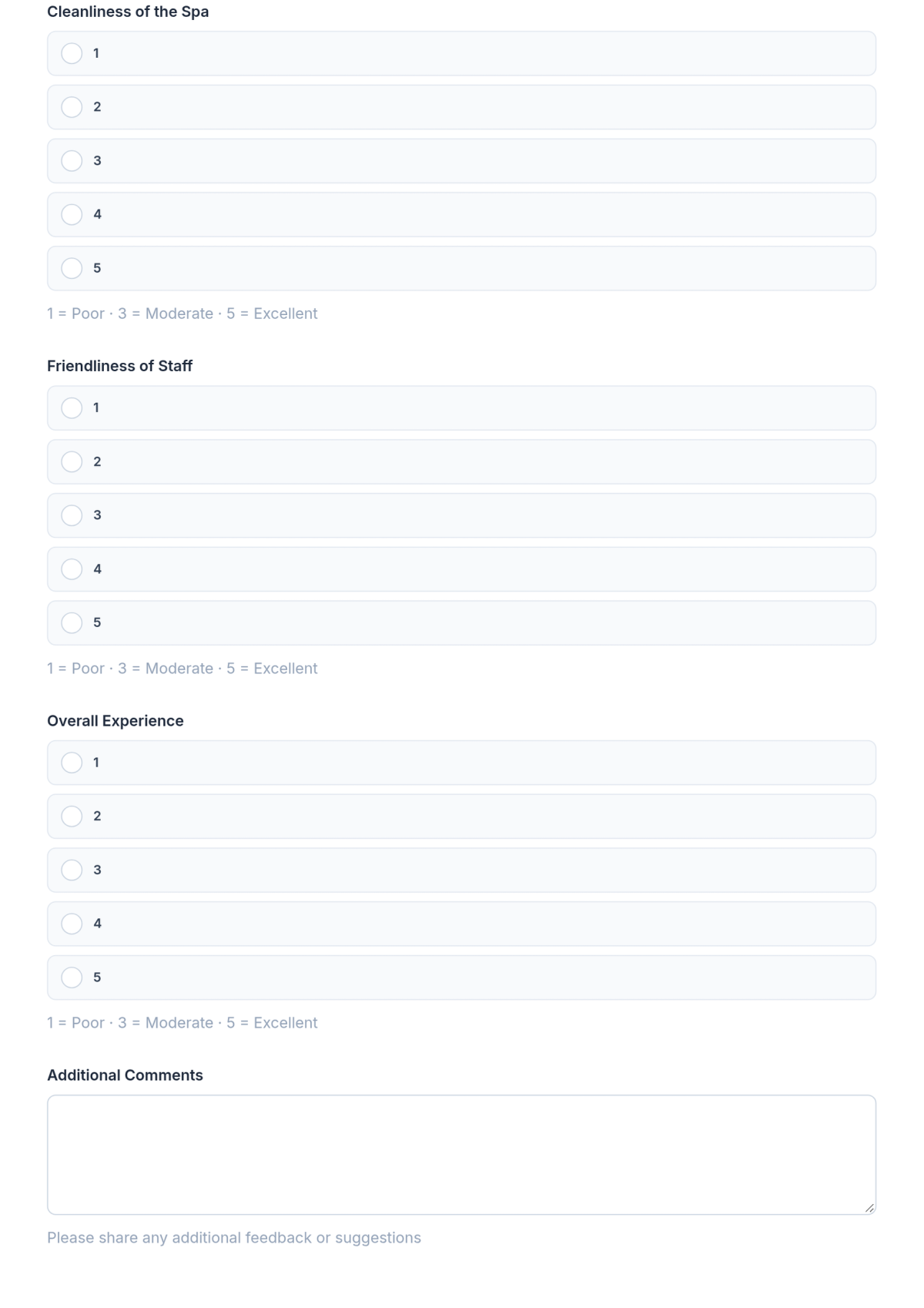 Free Spa Evaluation Form Template & AI Spa Evaluation Form Maker