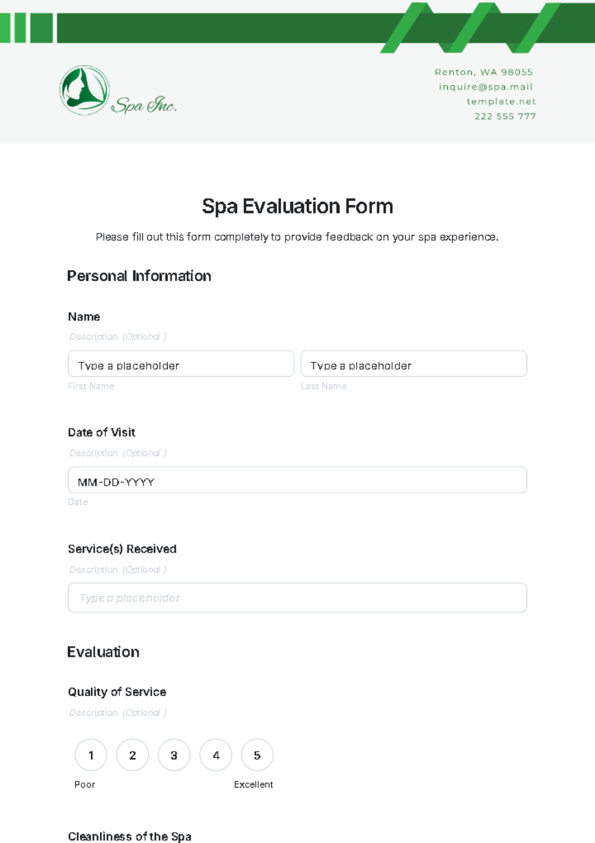 Spa Evaluation Form Template - Edit Online & Download