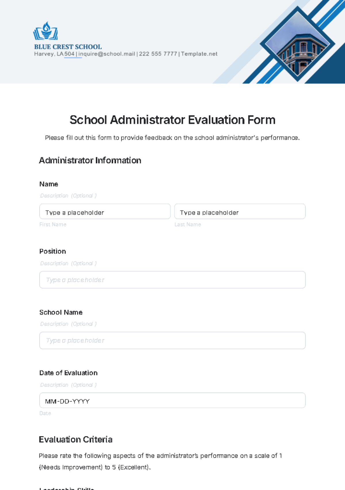 School Administrator Evaluation Form Template - Edit Online & Download