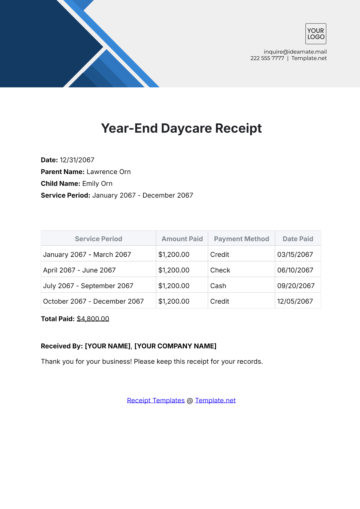 Year-End Daycare Receipt Template - Edit Online & Download