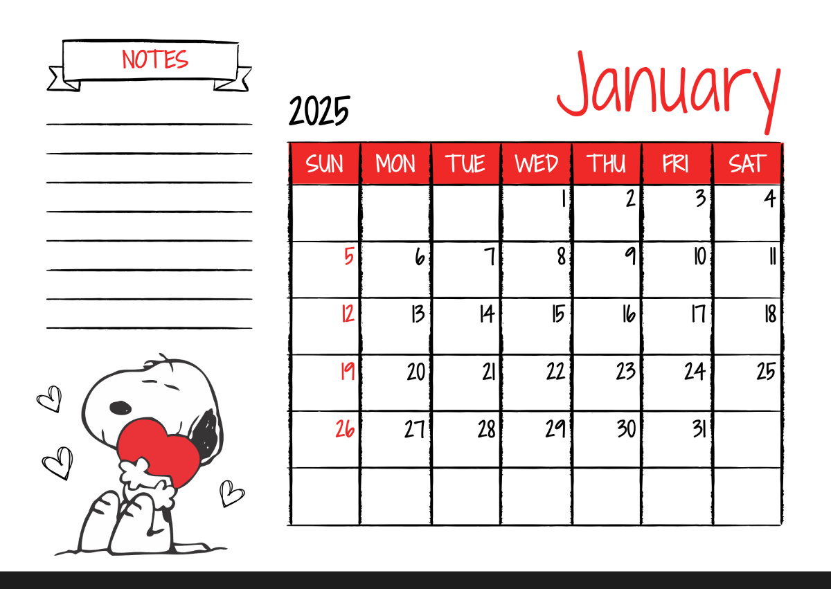 Free Snoopy 2025 Calendar Template