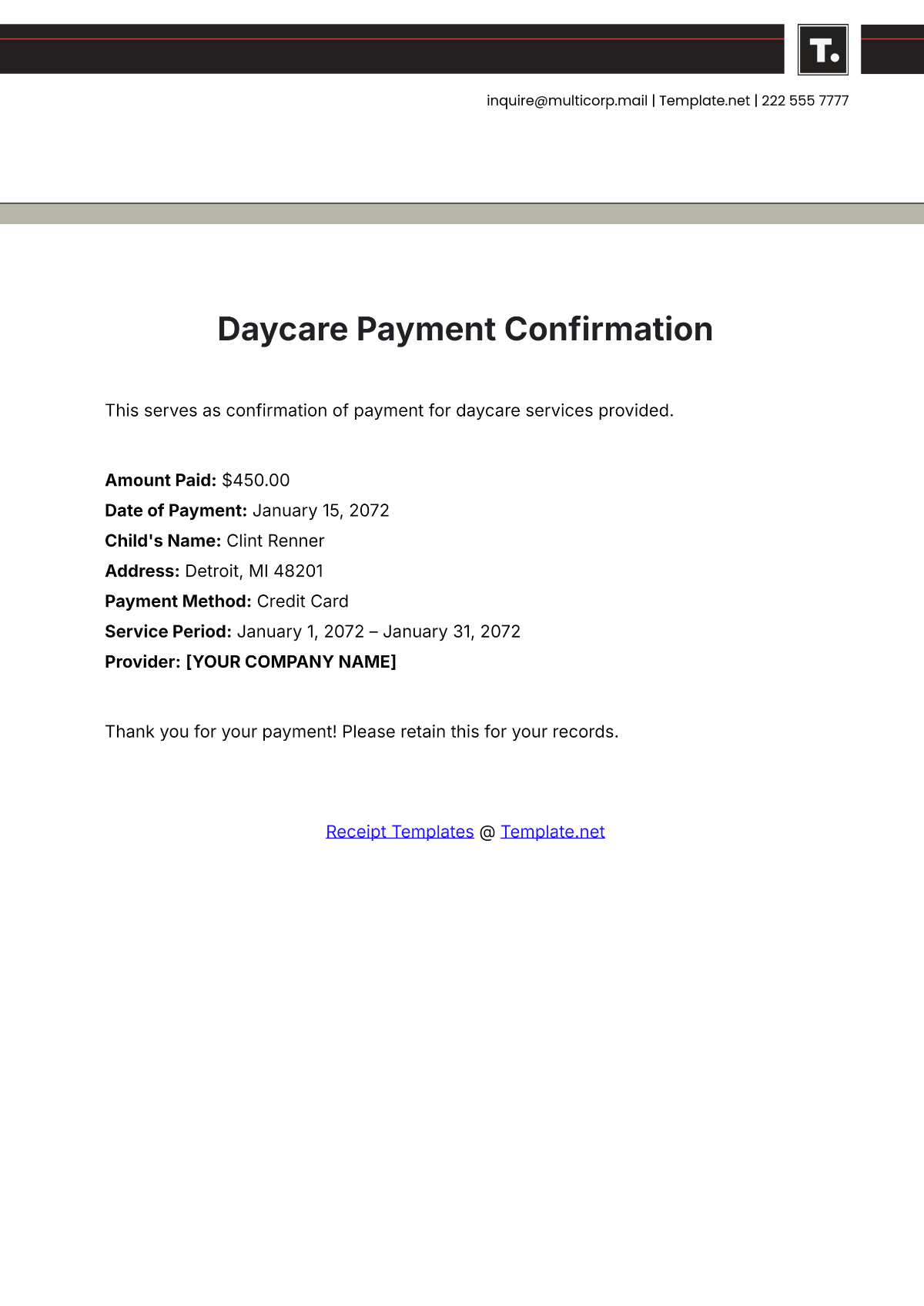 Free Daycare Payment Confirmation Template