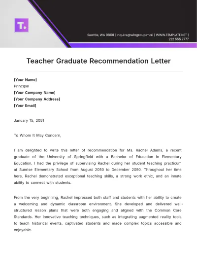 Free Teacher Graduate Recommendation Letter Template to Edit Online
