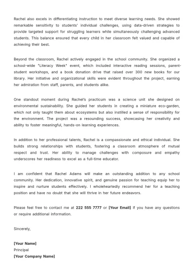 Free Teacher Graduate Recommendation Letter Template to Edit Online