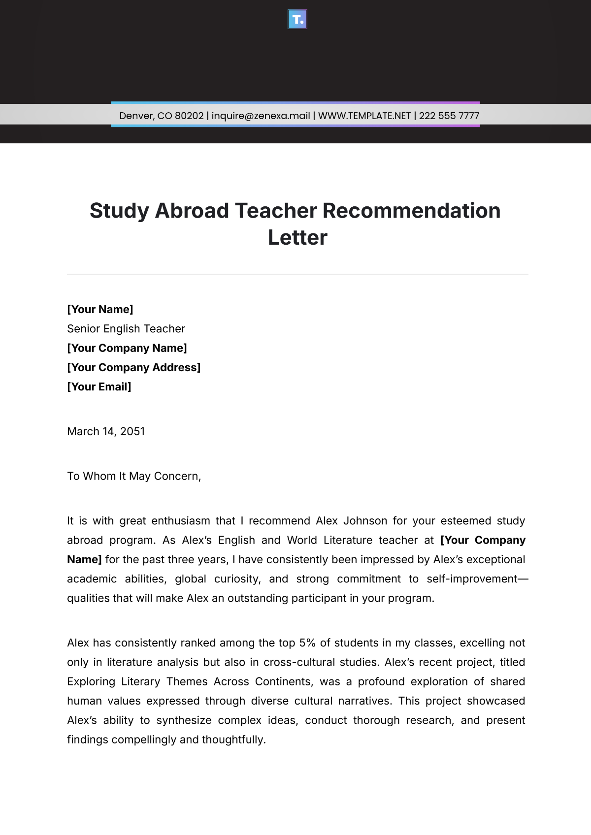 Study Abroad Teacher Recommendation Letter Template - Edit Online & Download