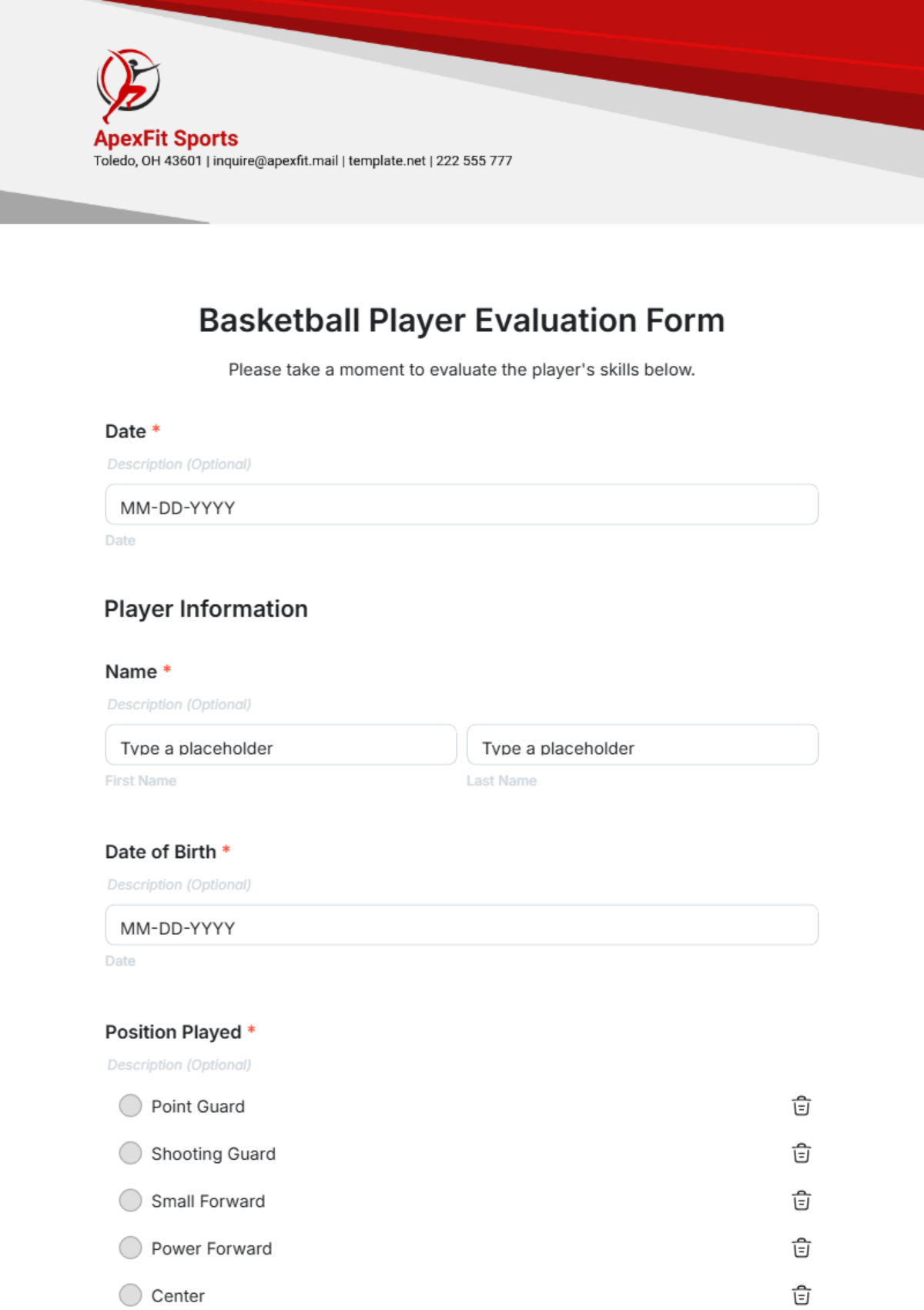 Basketball Player Evaluation Form Template - Edit Online & Download