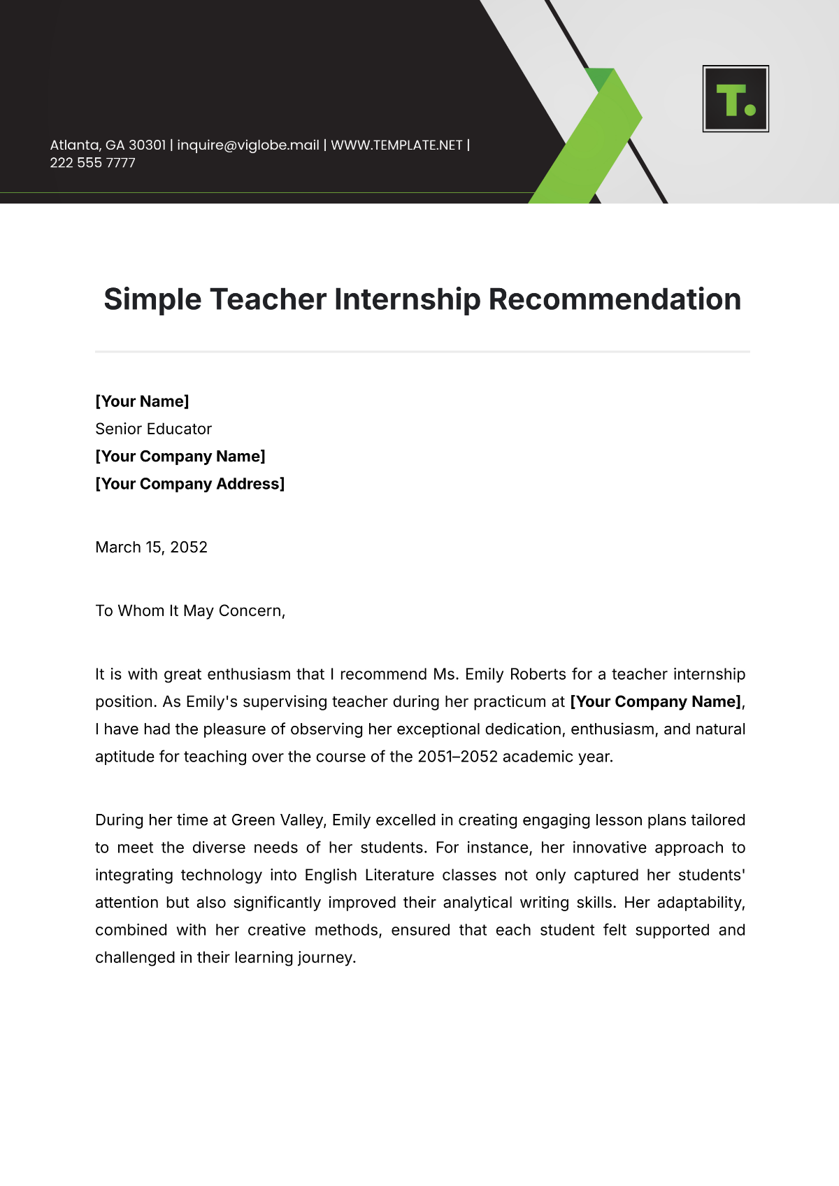 Simple Teacher Internship Recommendation Template - Edit Online & Download