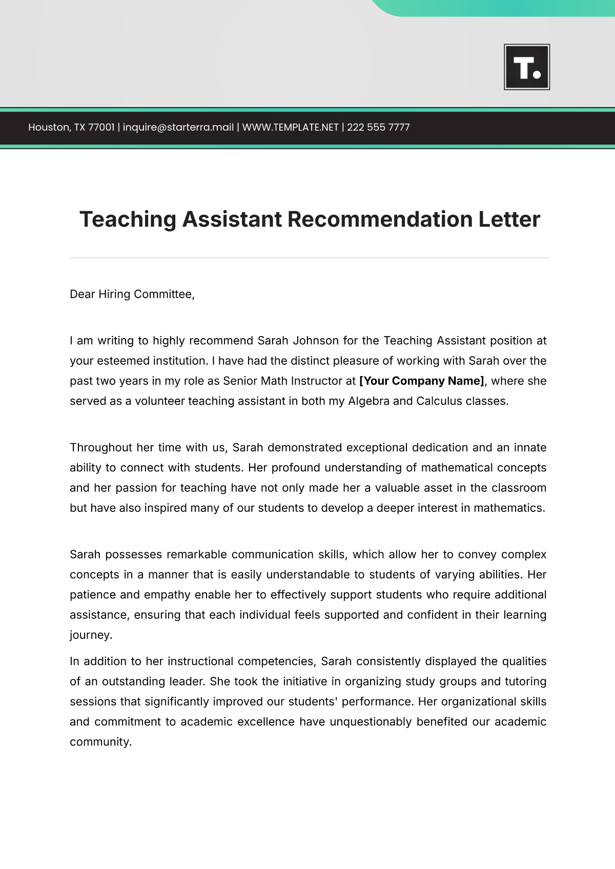 Teaching Assistant Recommendation Letter Template - Edit Online & Download