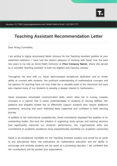 Free Teaching Assistant Recommendation Letter Template to Edit Online