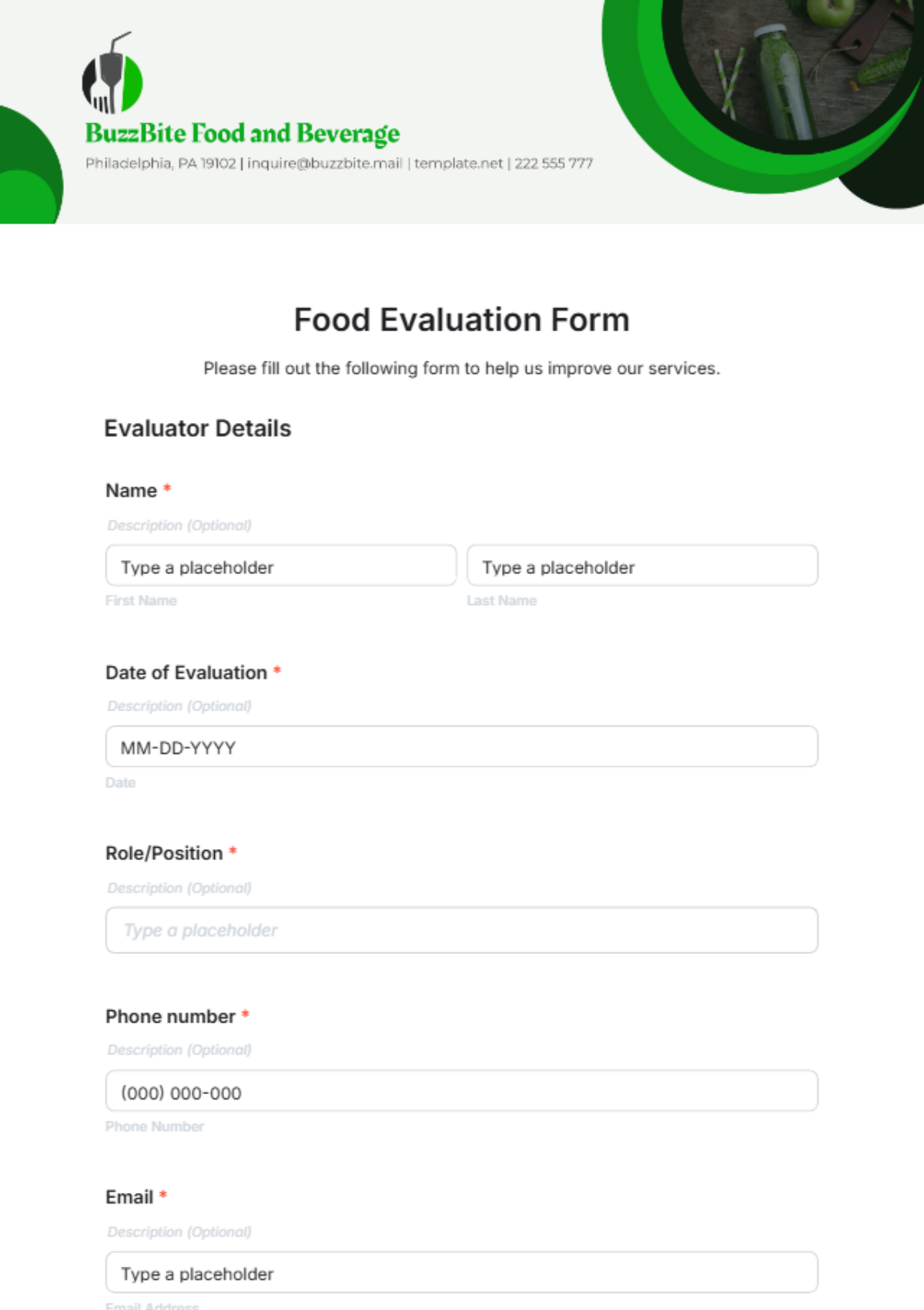 Food Evaluation Form Template - Edit Online & Download