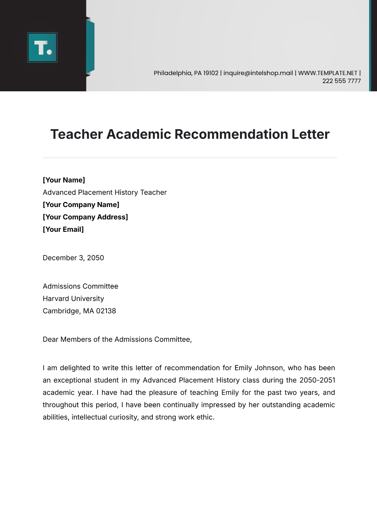 Teacher Academic Recommendation Letter Template - Edit Online & Download