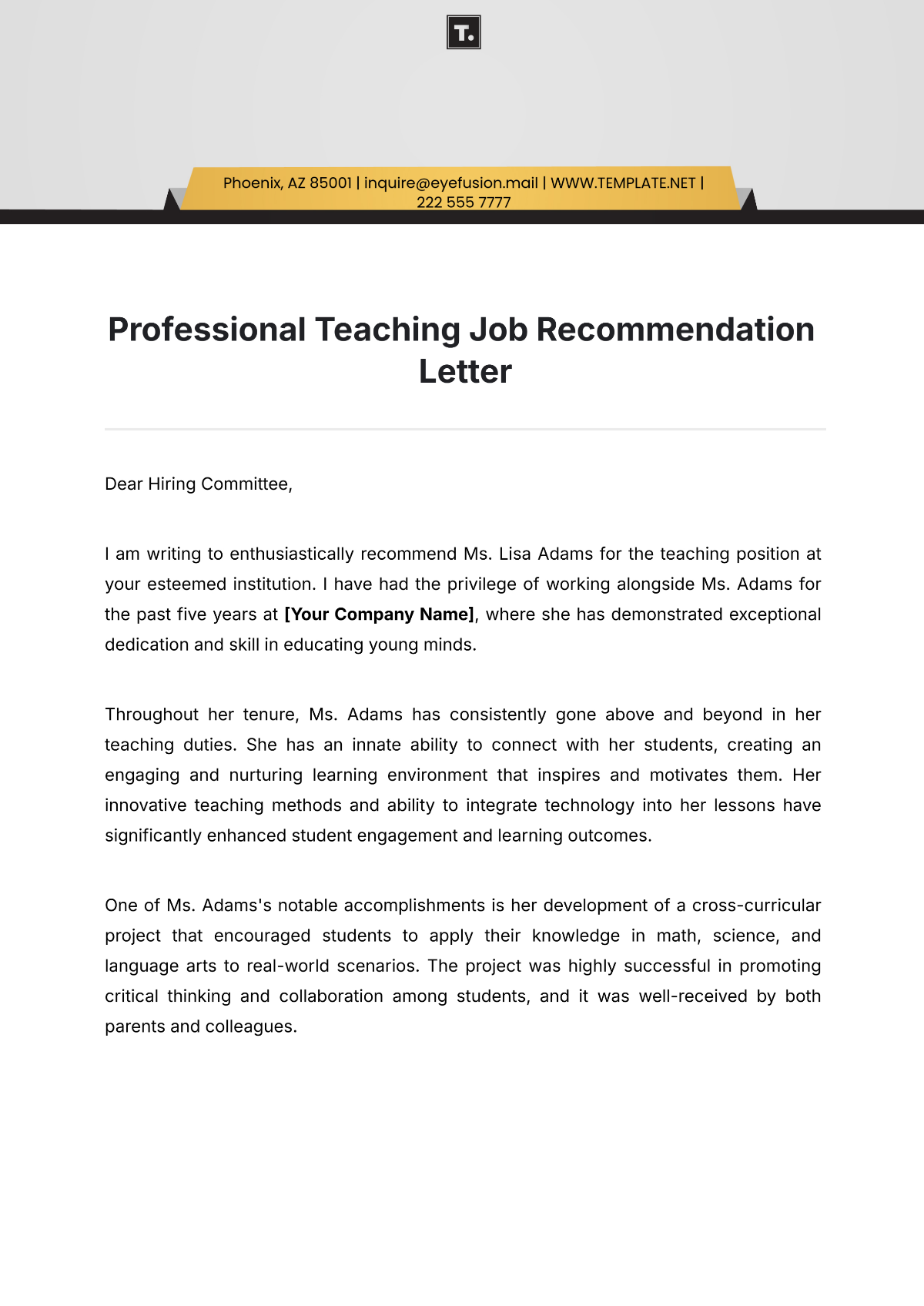 Professional Teaching Job Recommendation Letter Template - Edit Online & Download