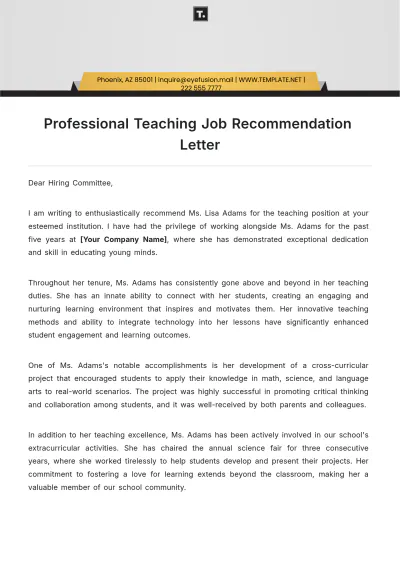 Free Professional Teaching Job Recommendation Letter Template to Edit Online