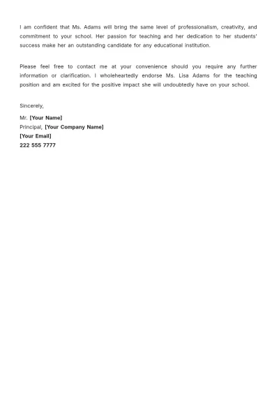 Free Professional Teaching Job Recommendation Letter Template to Edit Online