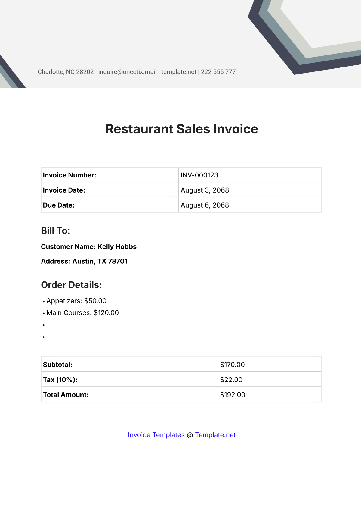 Restaurant Sales Invoice Template - Edit Online & Download