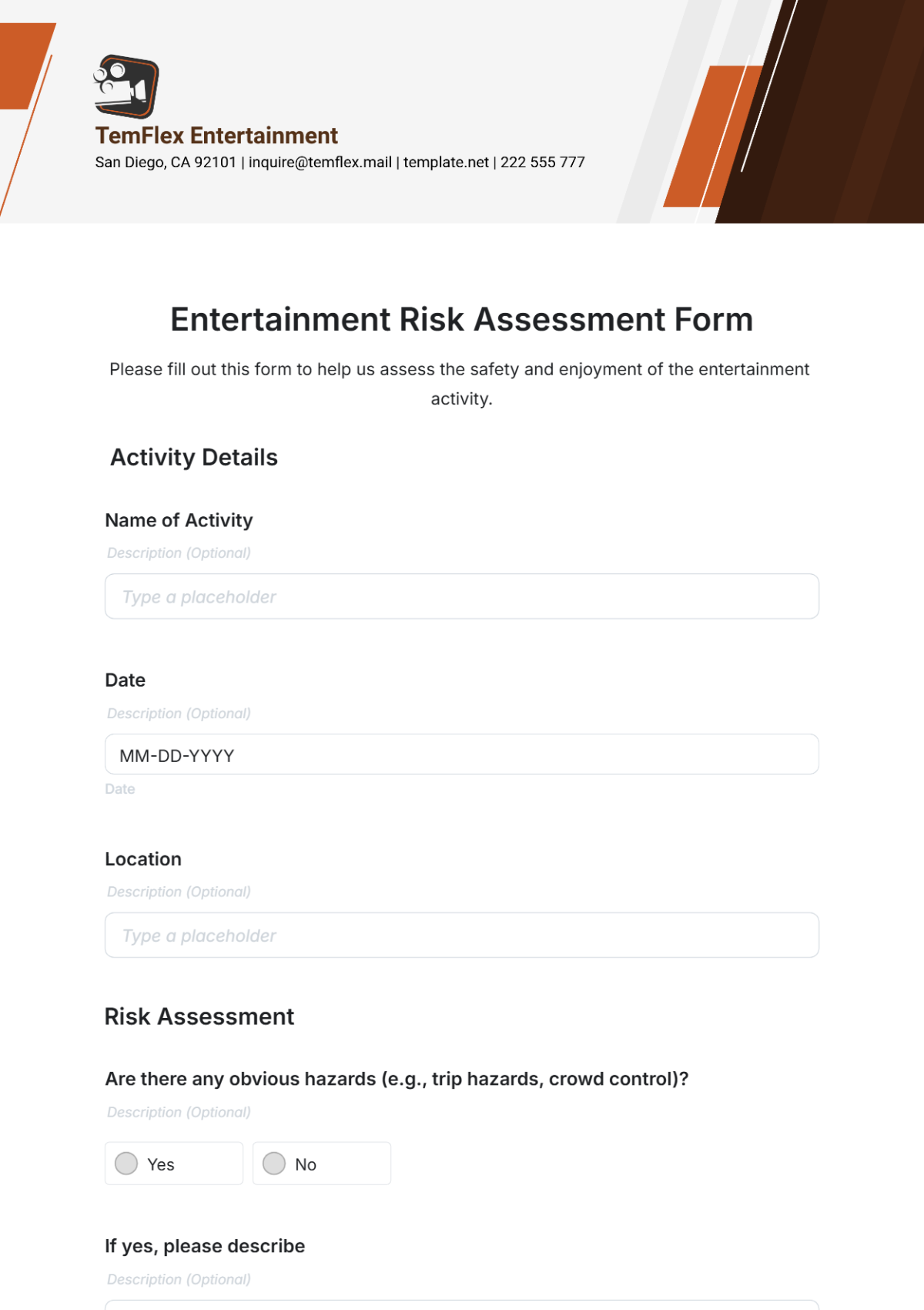 Entertainment Risk Assessment Form Template - Edit Online & Download