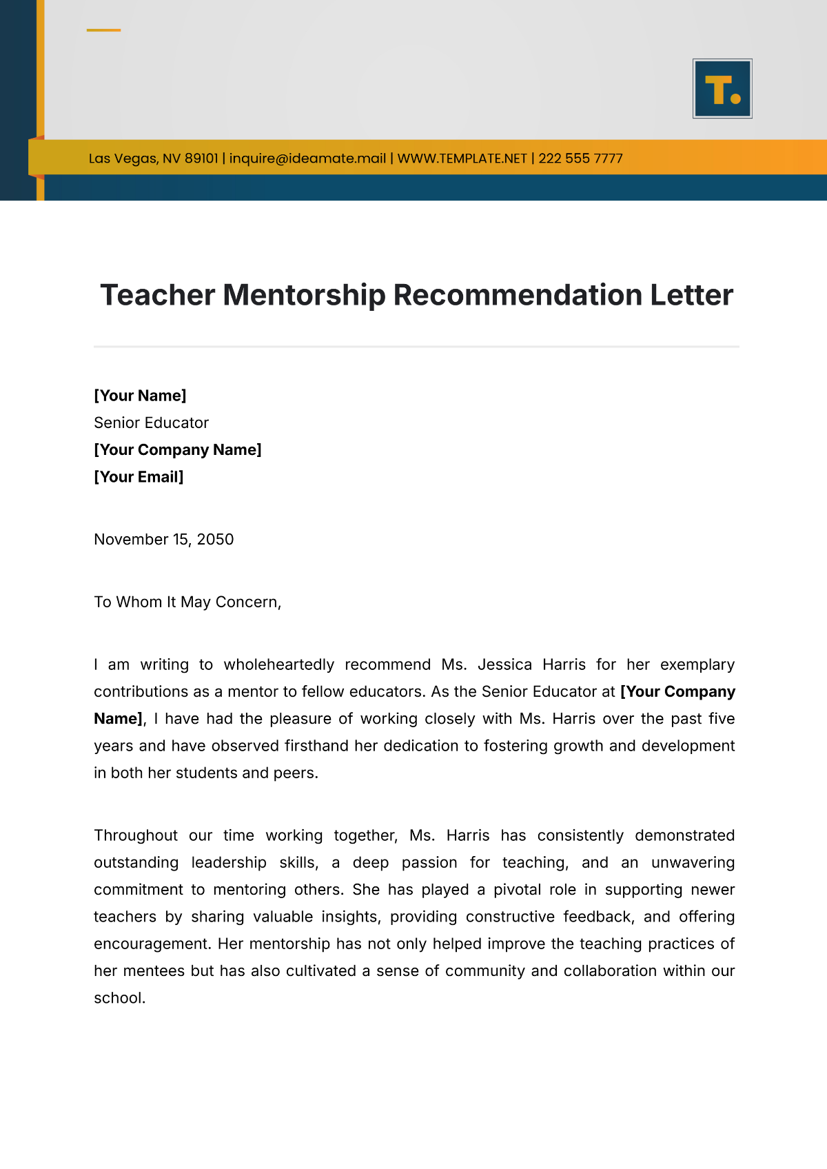 Teacher Mentorship Recommendation Letter Template - Edit Online & Download