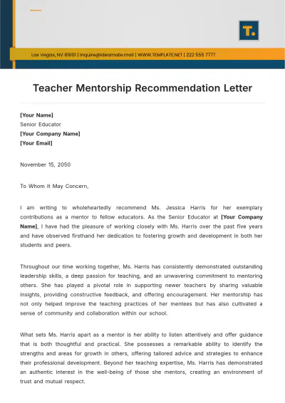 Free Teacher Mentorship Recommendation Letter Template to Edit Online