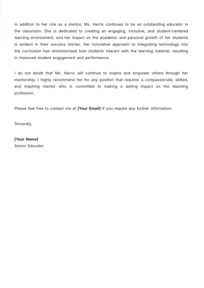 Free Teacher Mentorship Recommendation Letter Template to Edit Online
