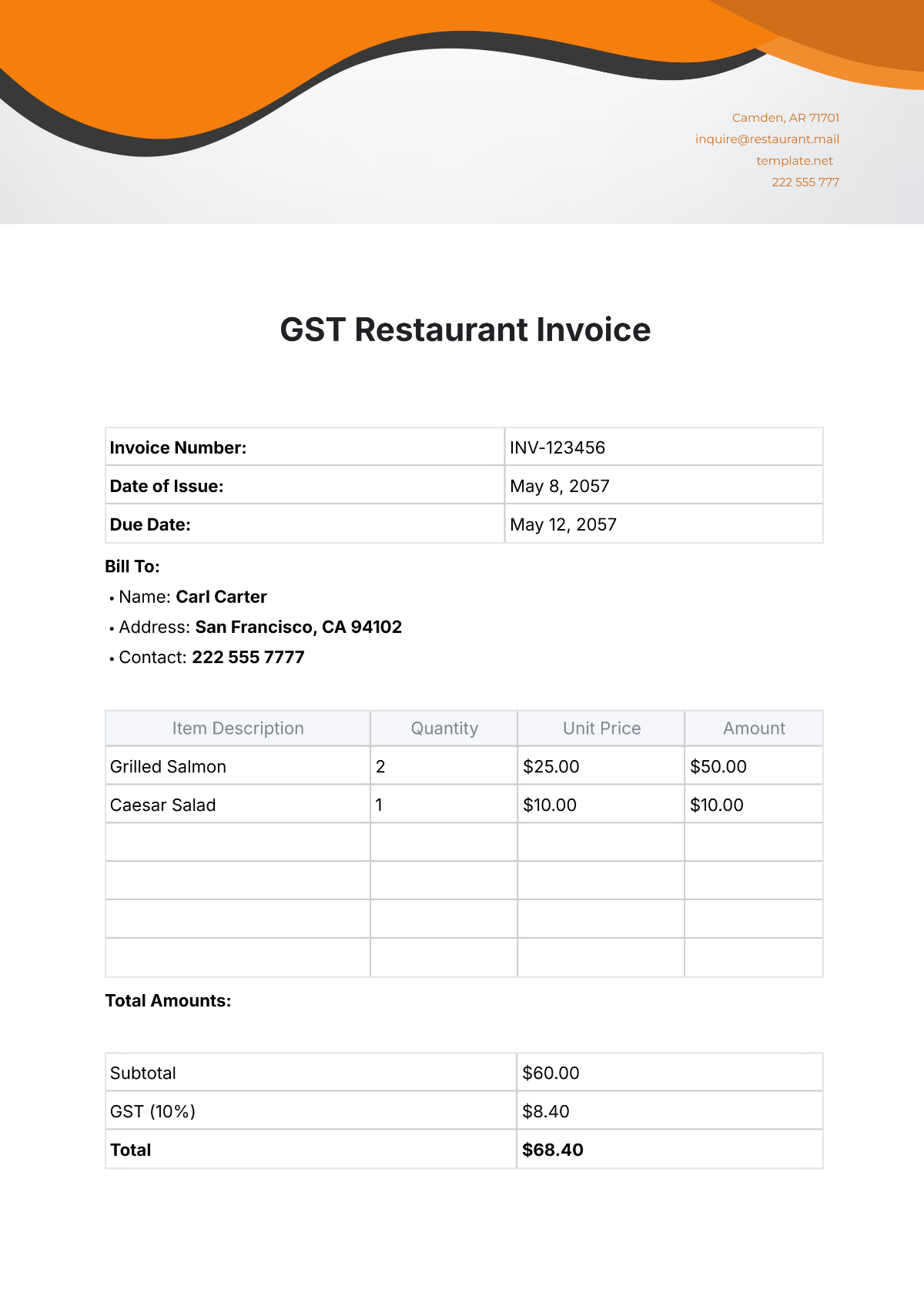 GST Restaurant Invoice Format Template - Download | Template.net