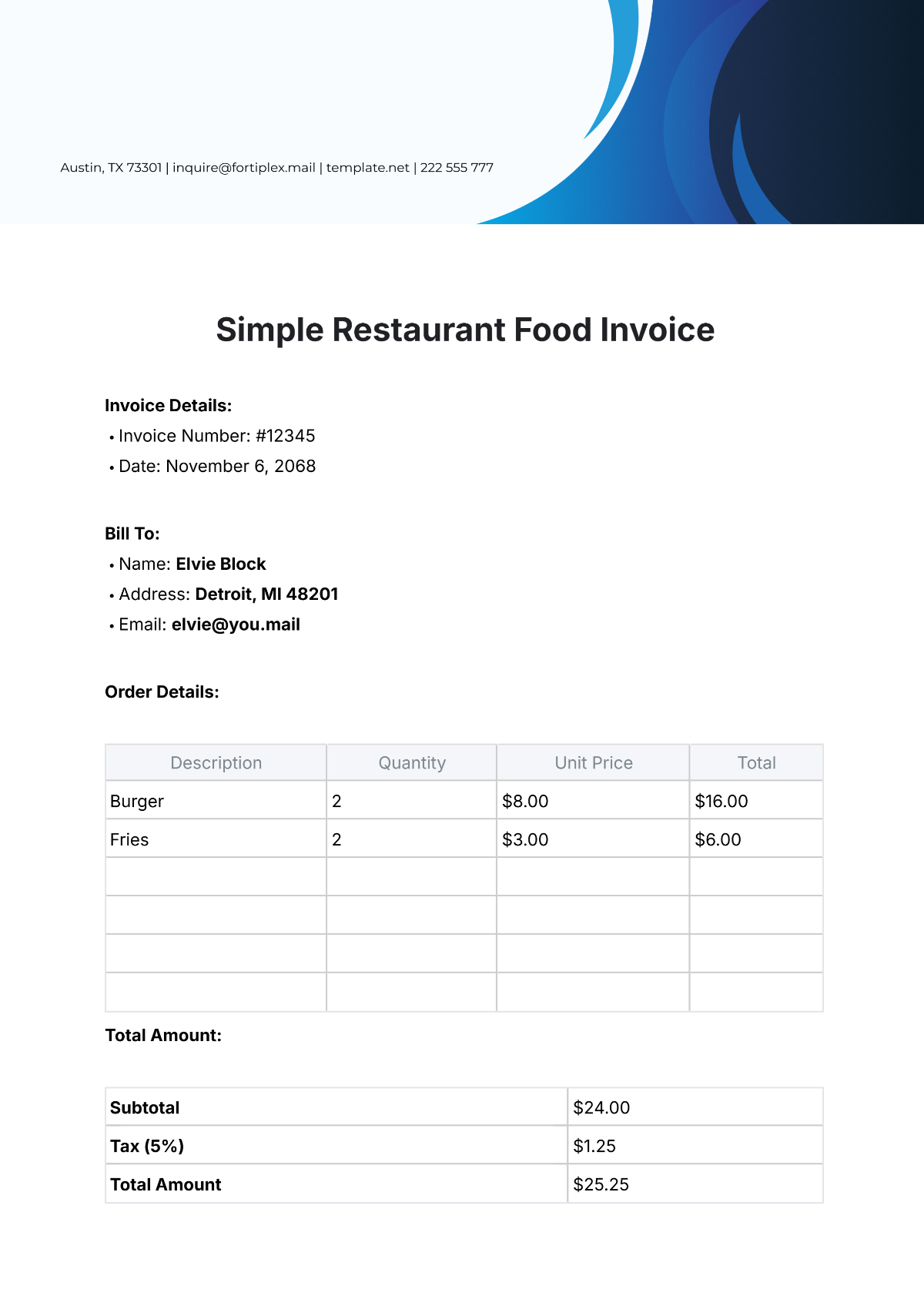 Simple Restaurant Food Invoice Template - Edit Online & Download