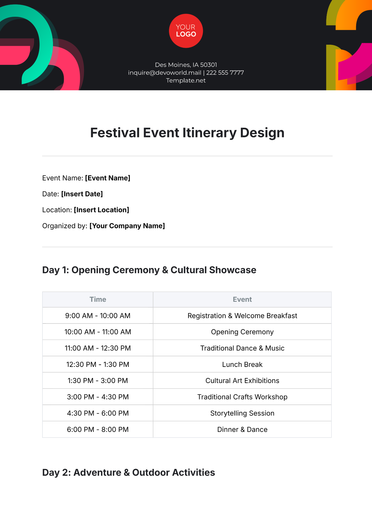 Festival Event Itinerary Design Template - Edit Online & Download