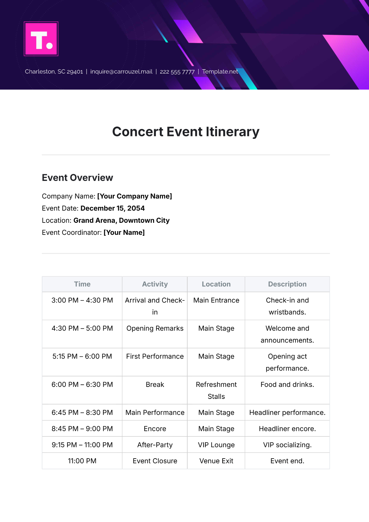 Concert Event Itinerary Template - Edit Online & Download