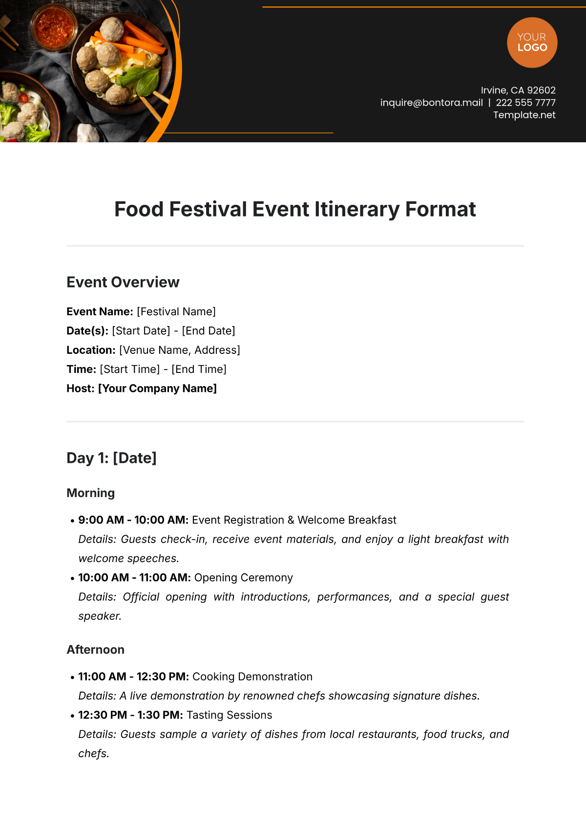 Free Food Festival Event Itinerary Format Template