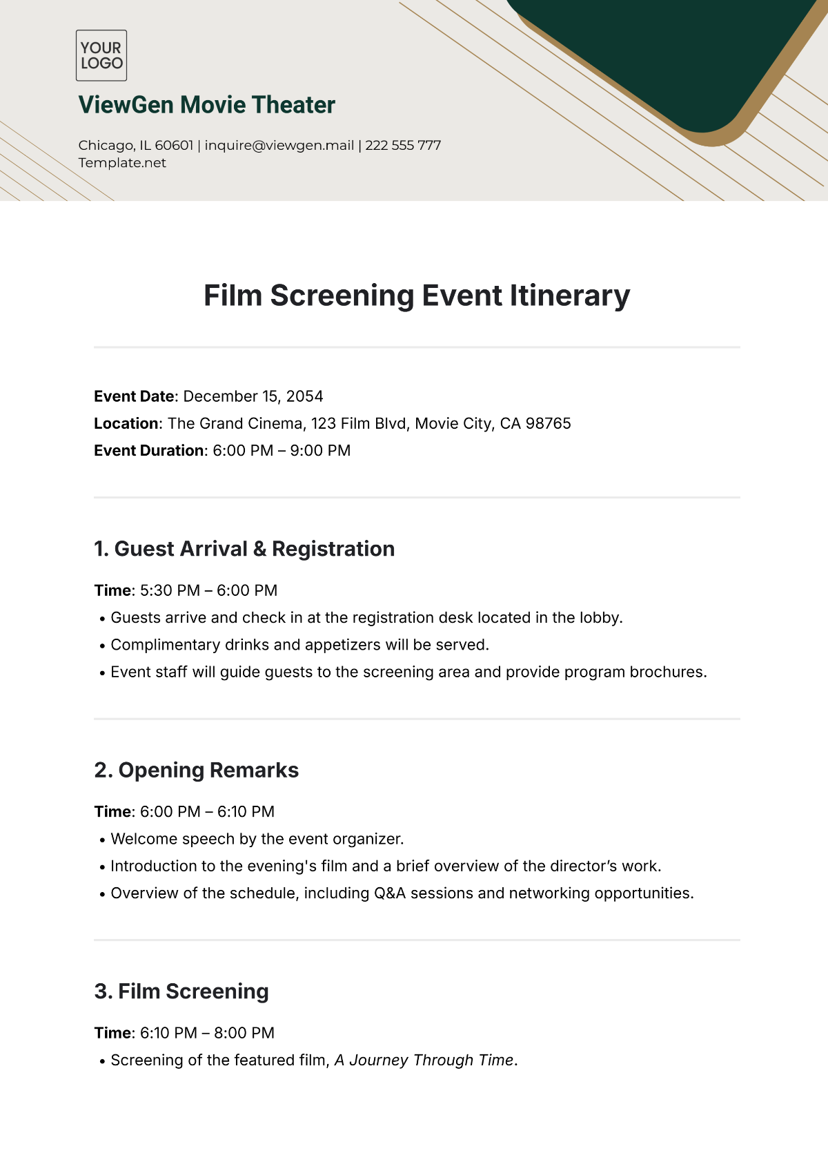 Film Screening Event Itinerary Template - Edit Online & Download