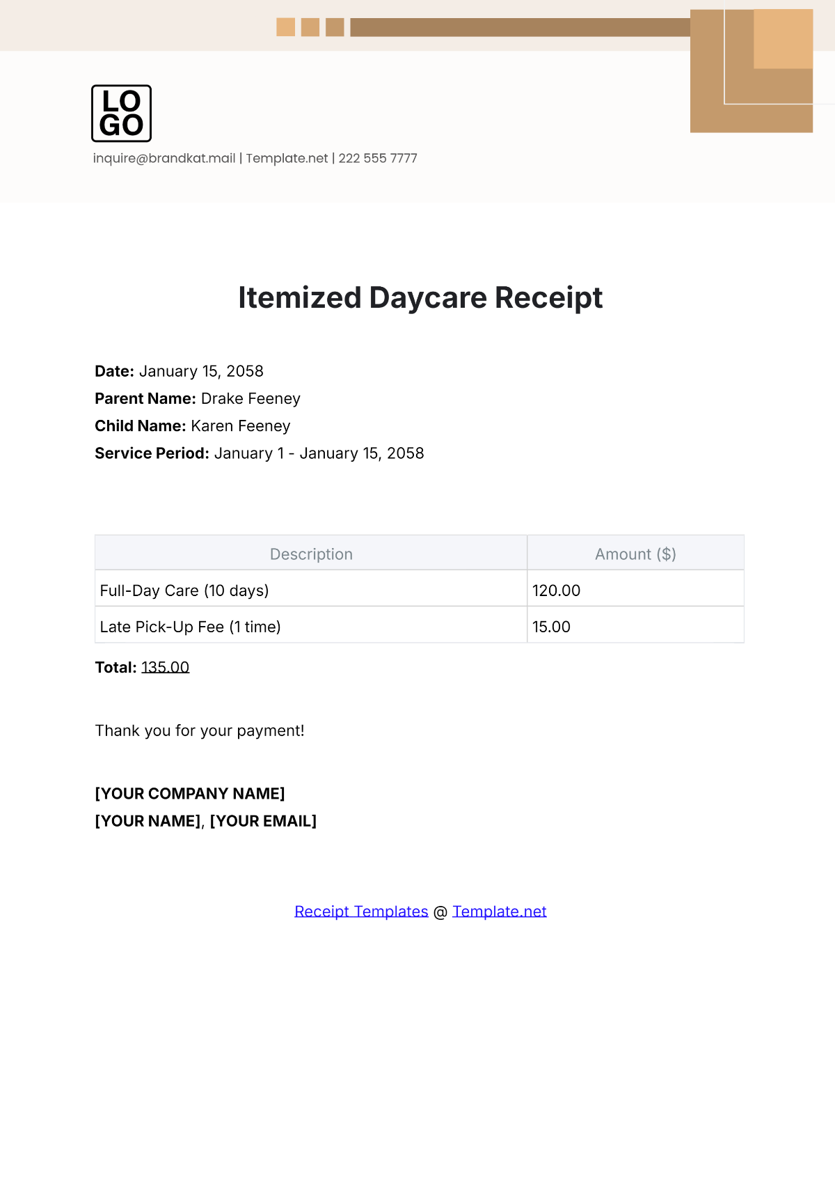 Itemized Daycare Receipt Template - Edit Online & Download