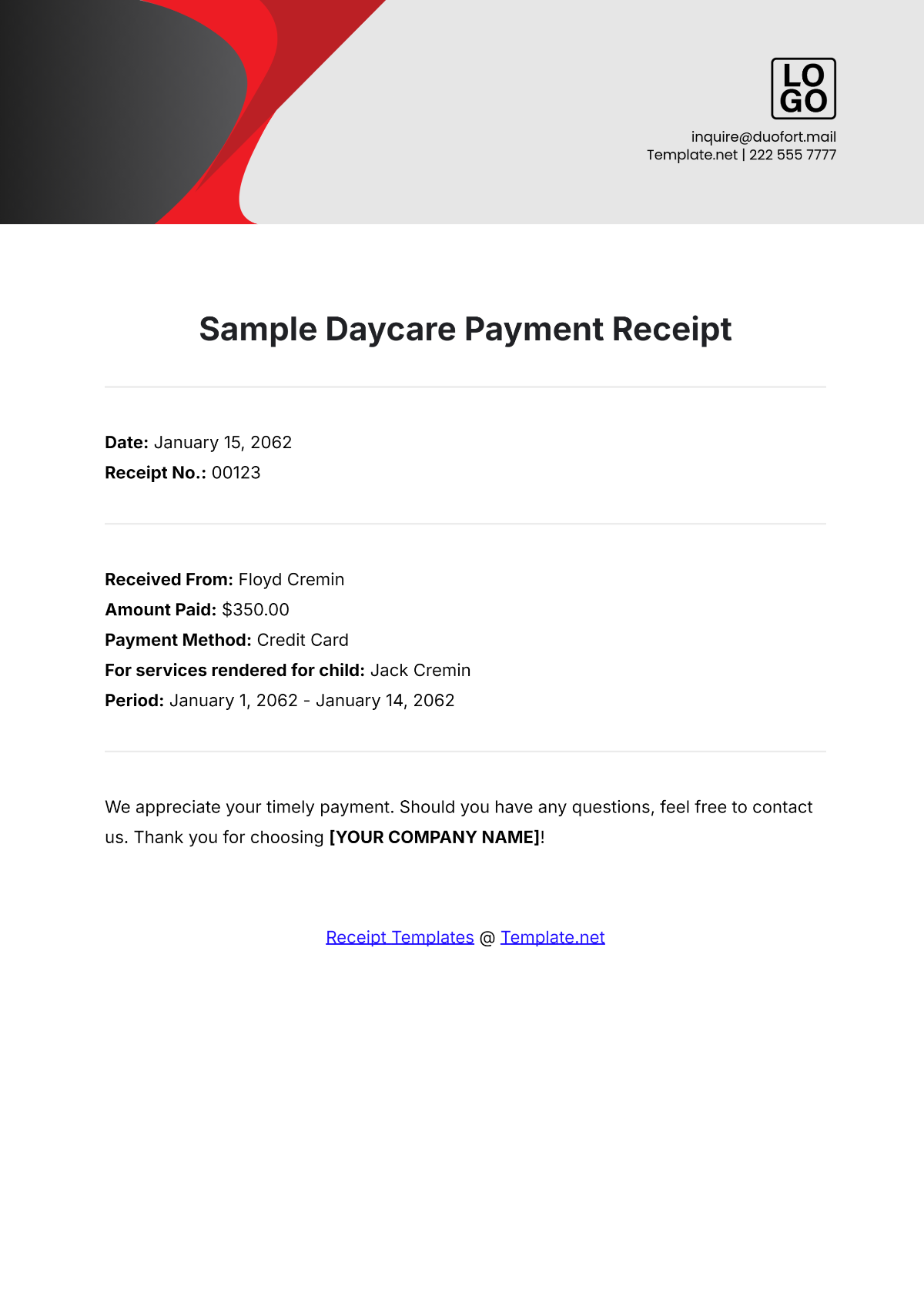 Sample Daycare Payment Receipt Template - Edit Online & Download