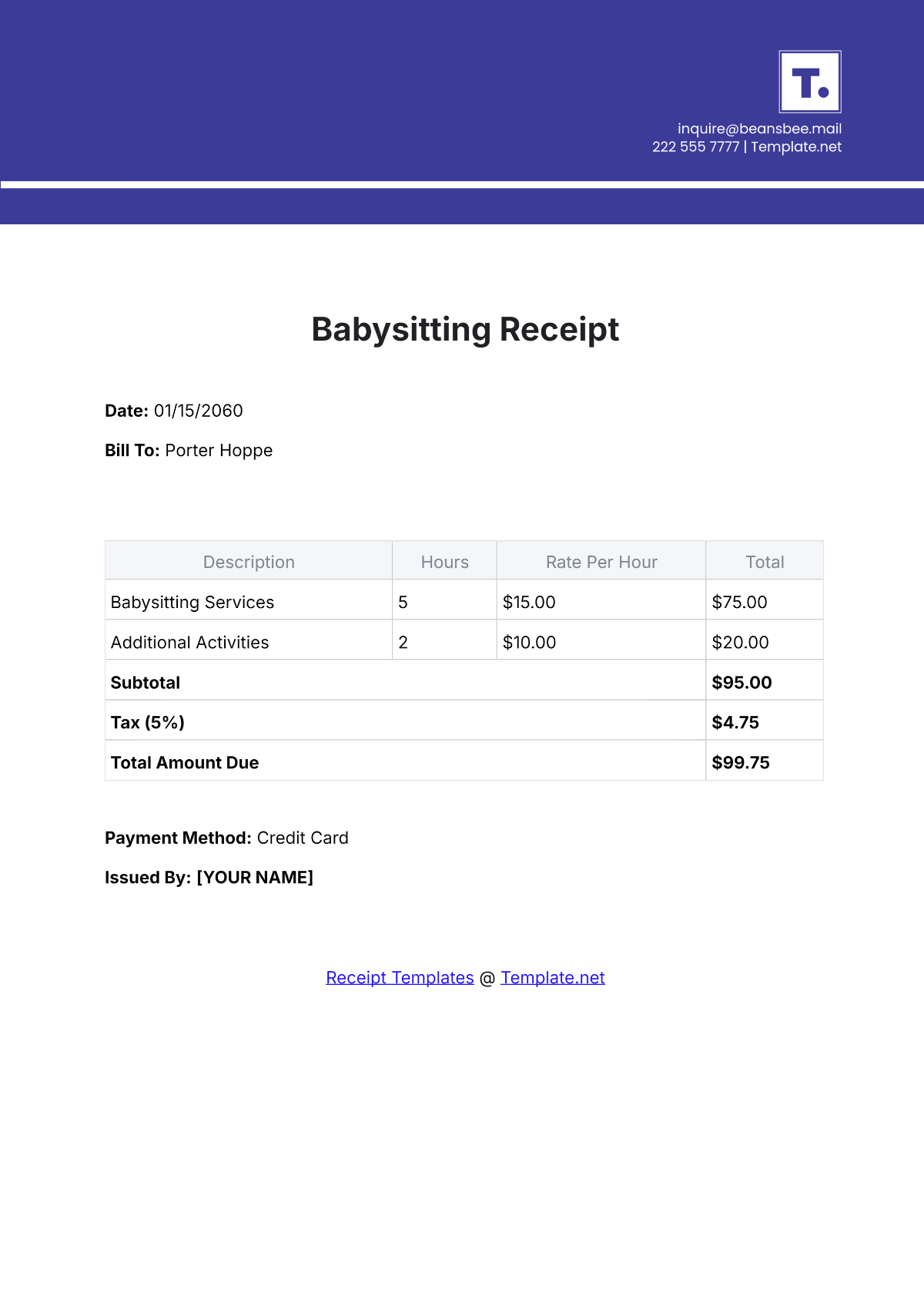 Babysitting Receipt Template - Edit Online & Download