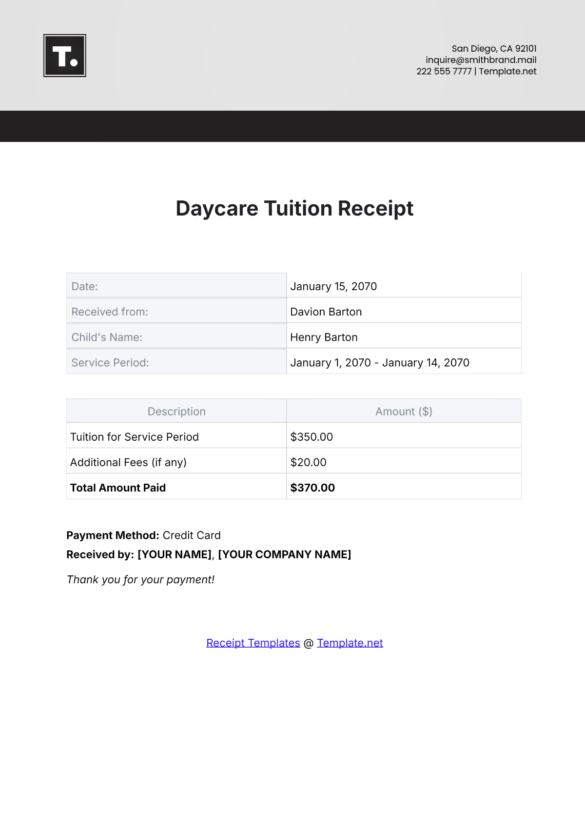 Daycare Tuition Receipt Template - Edit Online & Download