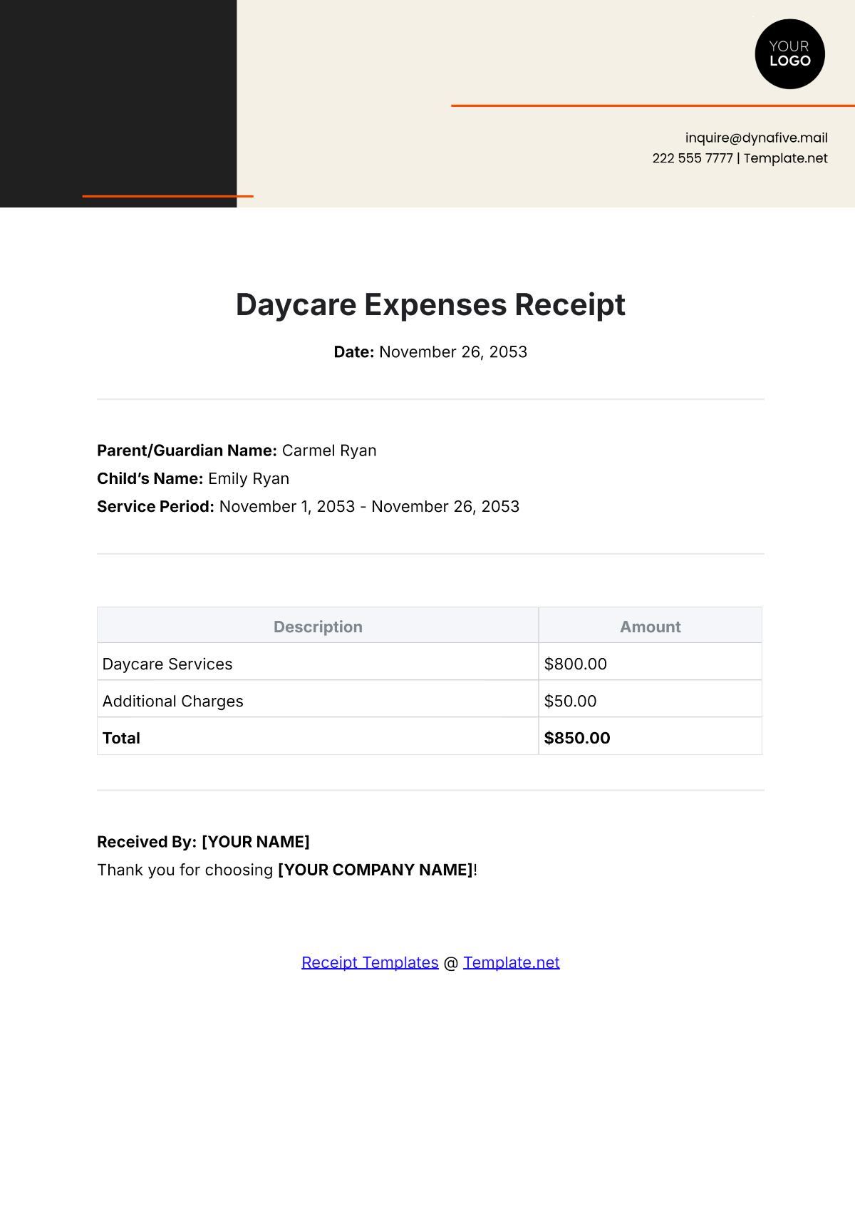 Daycare Expenses Receipt Template - Edit Online & Download