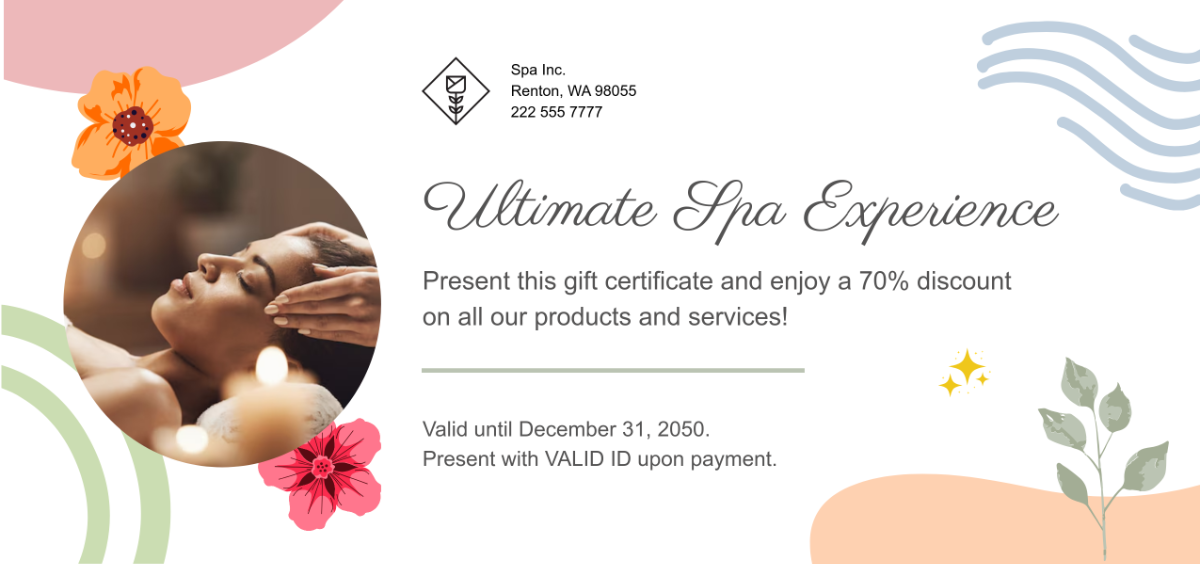 Free Colorful Spa Gift Certificate Template - Edit Online & Download