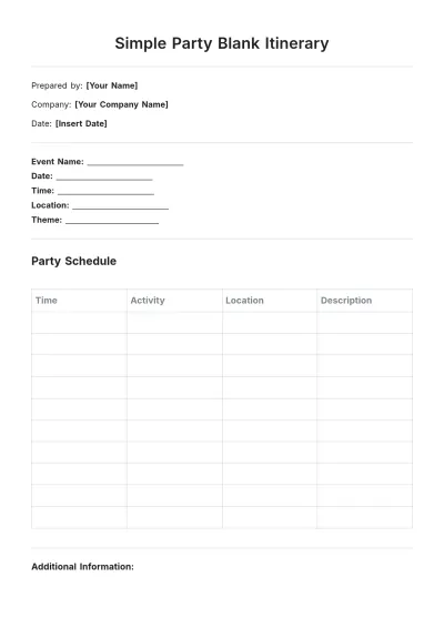 Free Simple Party Blank Itinerary Template to Edit Online