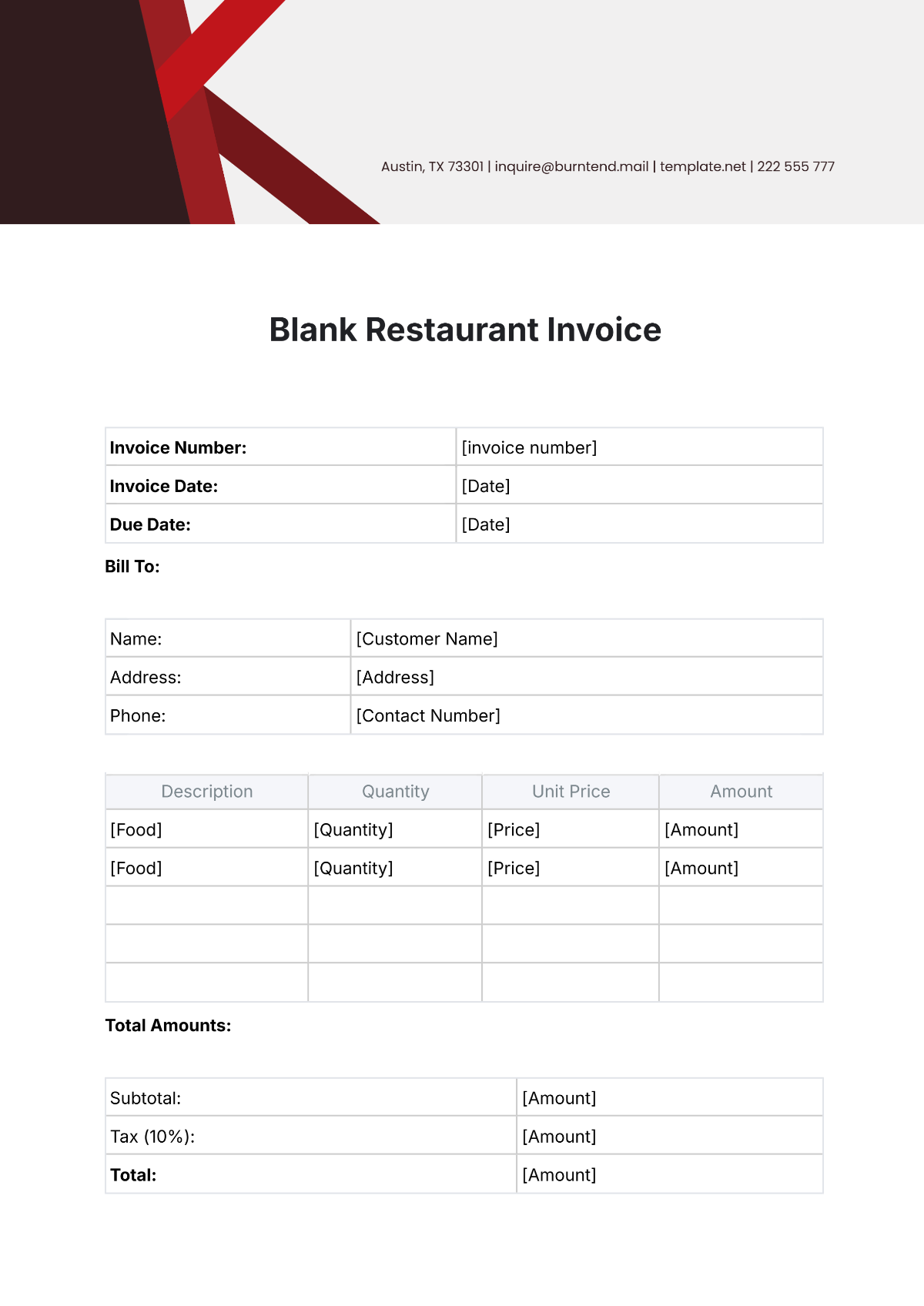 Blank Restaurant Invoice Template - Edit Online & Download