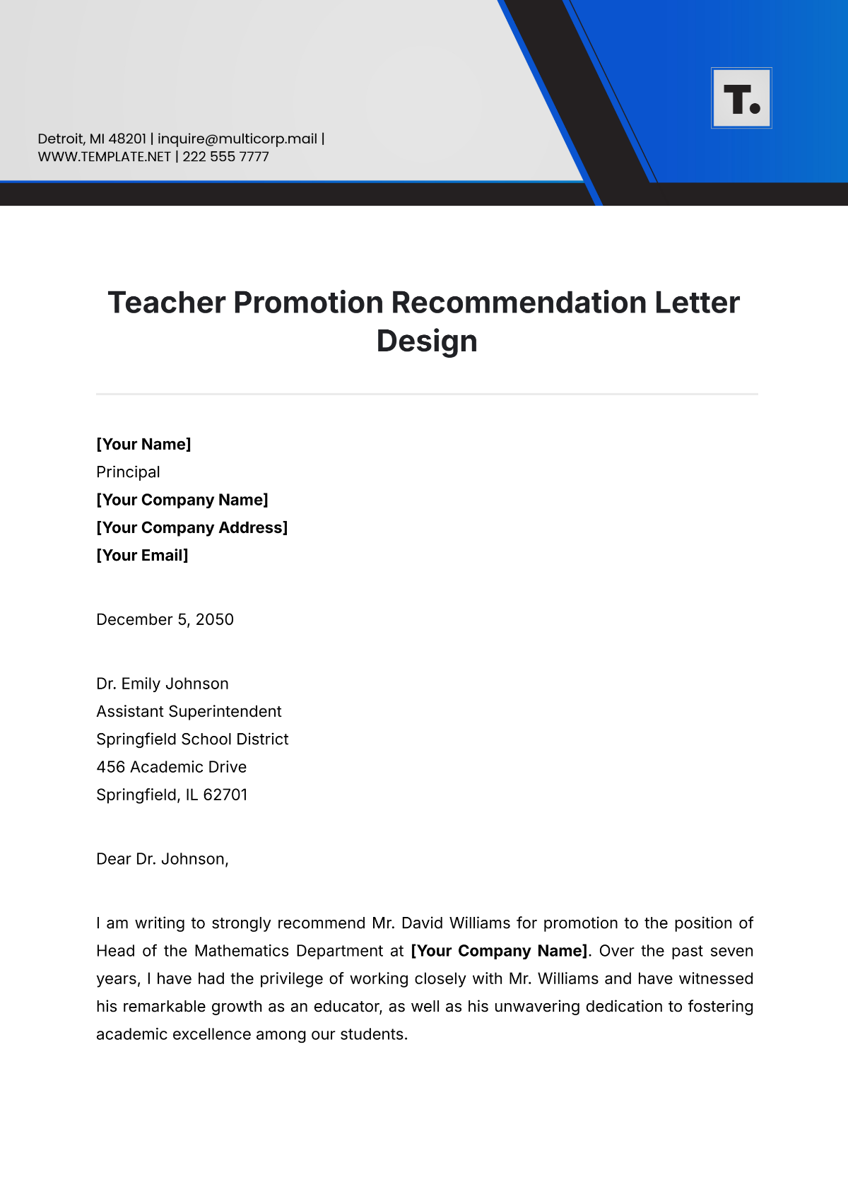 Teacher Promotion Recommendation Letter Design Template - Edit Online & Download