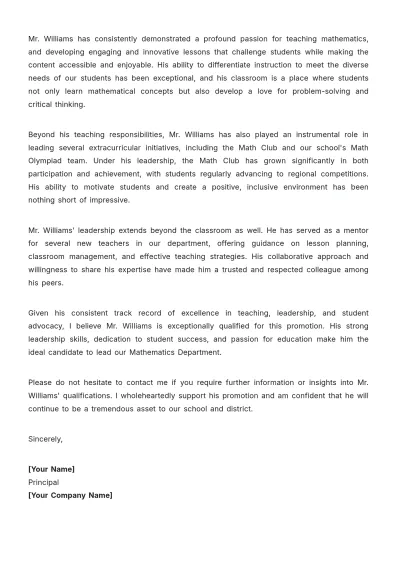 Free Teacher Promotion Recommendation Letter Design Template to Edit Online