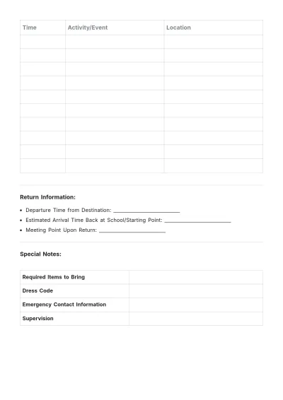 Free Field Trip Blank Itinerary Template to Edit Online