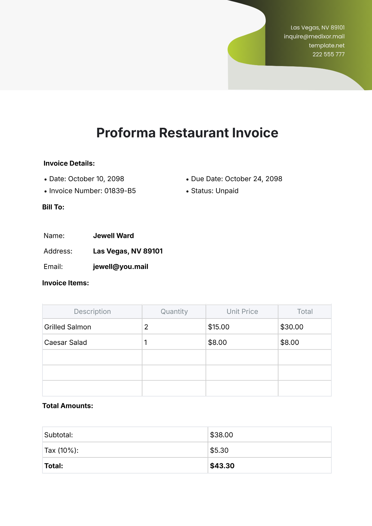 Proforma Restaurant Invoice Template - Edit Online & Download