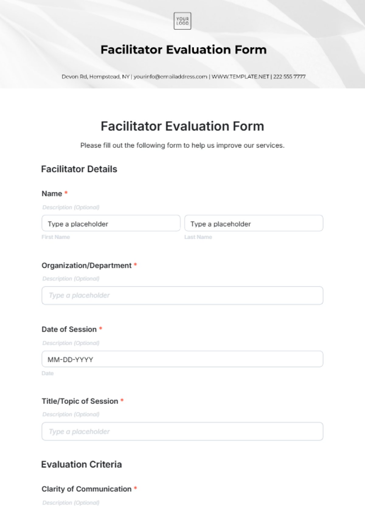 Facilitator Evaluation Form Template - Edit Online & Download