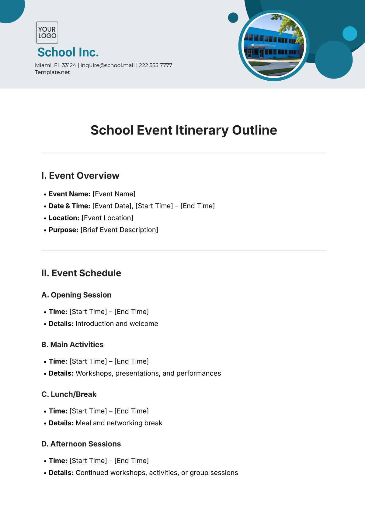 Free School Event Itinerary Outline Template