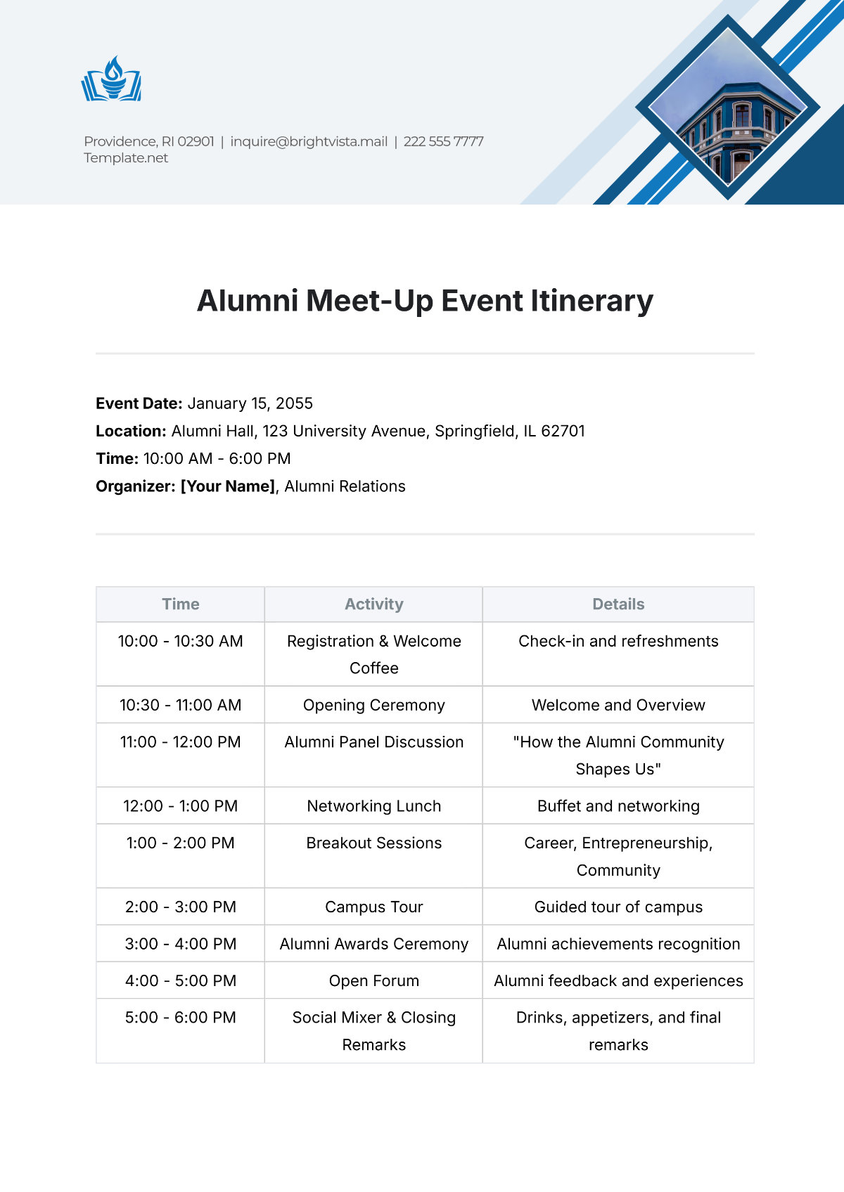 Free Alumni Meet-Up Event Itinerary Template