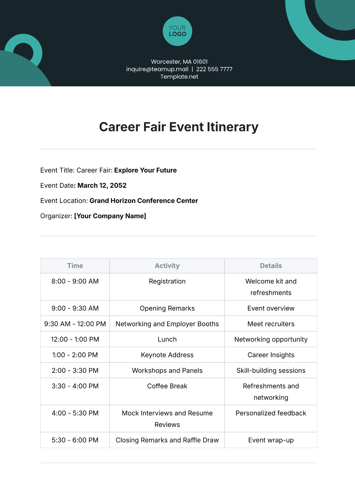 Free Career Fair Event Itinerary Template