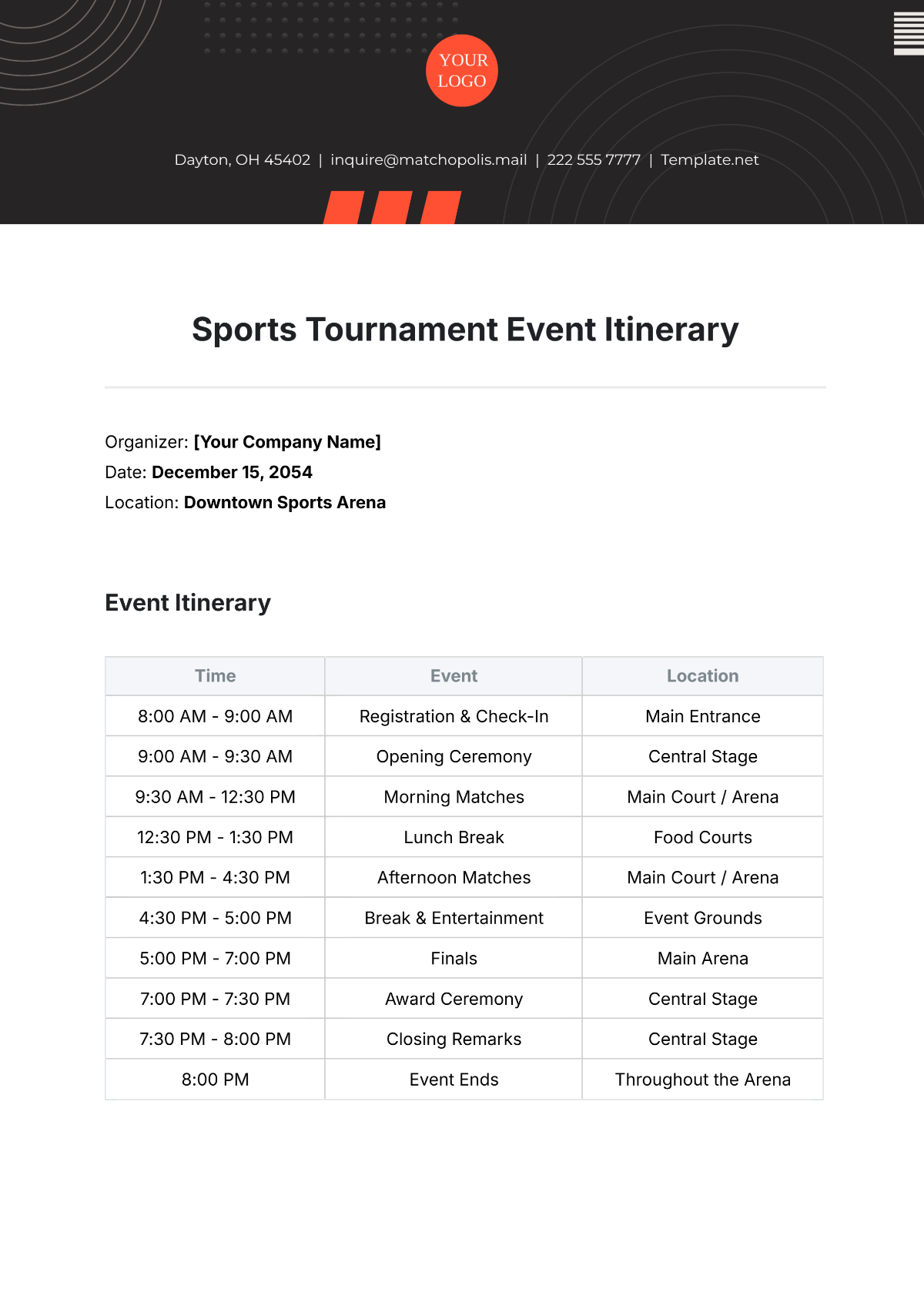 Free Sports Tournament Event Itinerary Template