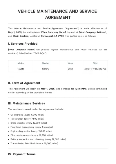 Free Vehicle Maintenance and Service Agreement Template to Edit Online