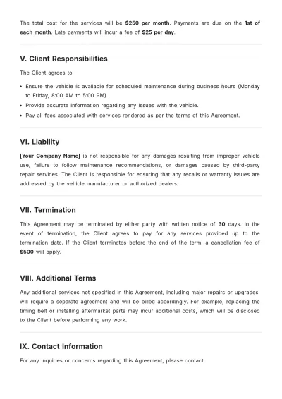 Free Vehicle Maintenance and Service Agreement Template to Edit Online