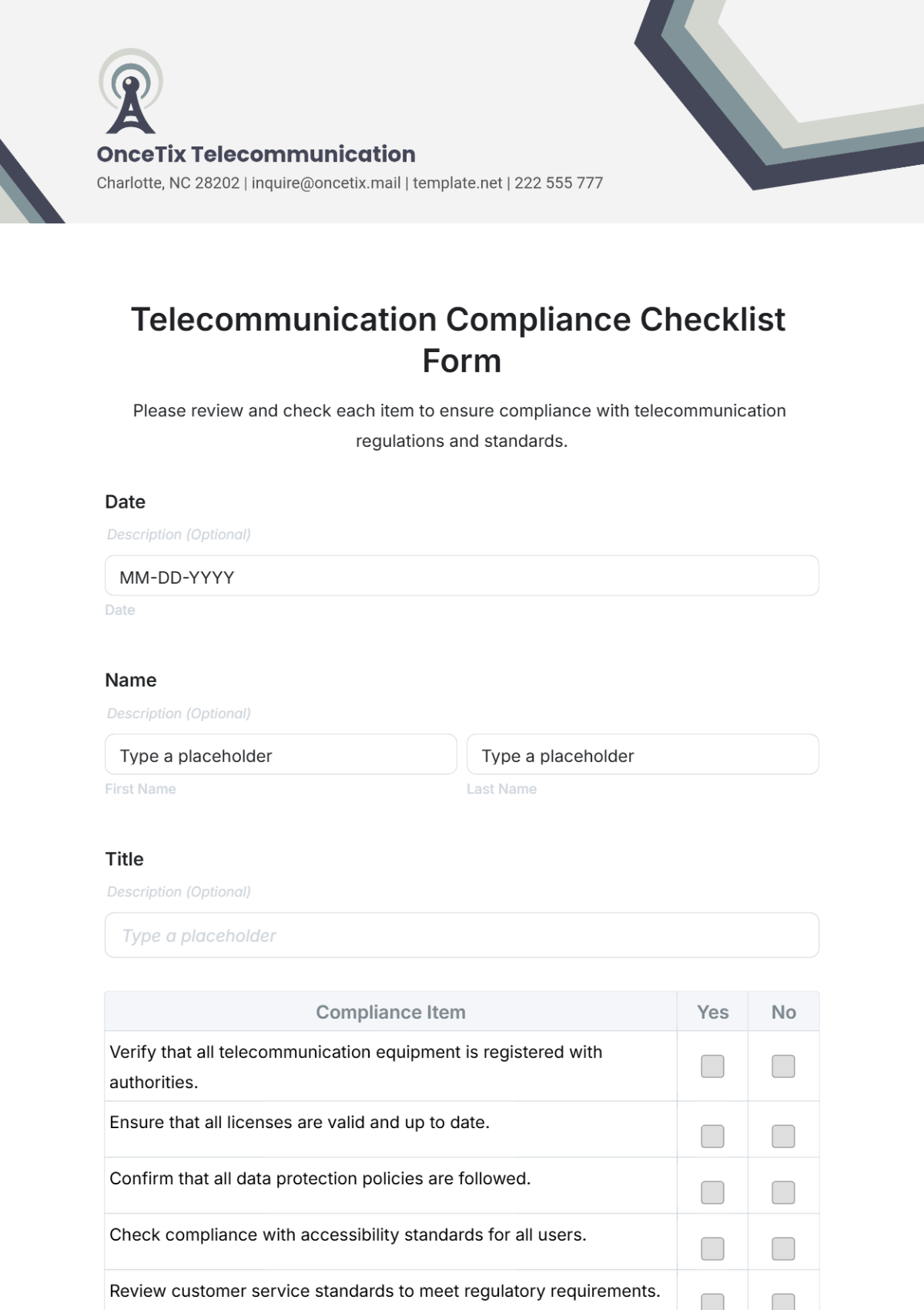 Telecommunication Compliance Checklist Form Template - Edit Online & Download