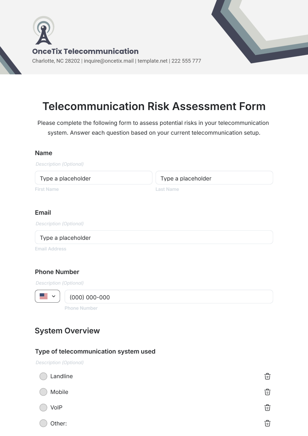 Telecommunication Risk Assessment Form Template - Edit Online & Download